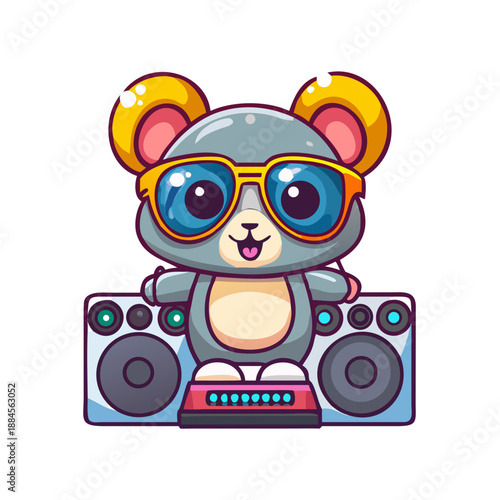A cute koala wearing neon sunglasses, standing behind a DJ turntable with large speakers on both sides.