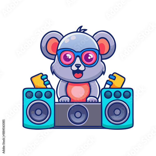 A cute koala wearing neon sunglasses, standing behind a DJ turntable with large speakers on both sides.