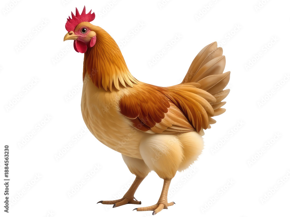 Fototapeta premium A brown and white chicken stands on a white surface