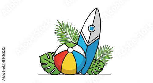 Flat illustration of a surfboard and beach ball with tropical leaves on a white background conveying a summer holiday vibe.