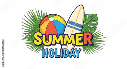 Colorful summer holiday graphic with beach ball, surfboard, and palm leaves on a white background, conveying a fun and vibrant mood with bright tones.