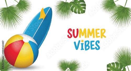 Colorful illustration of a beach ball and surfboard with tropical leaves on a white background conveying summer holiday vibes in a fun and playful style.