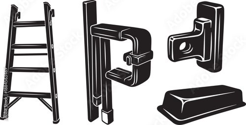 Black and white illustration of ladder hardware components set