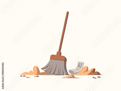 A vector graphic illustration of a broom and dustpan with debris on a plain background