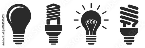 Idea and light bulb vector icon set including electric lamps, energy symbols, innovation and solution icons, suitable for creative concepts, education, technology, startups, and vector graphics design