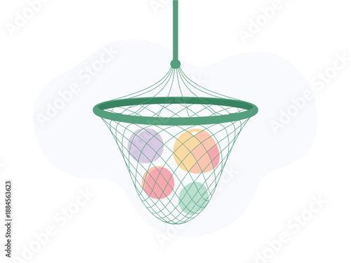 A colorful illustration of a green net with multicolored balls hanging from a rope