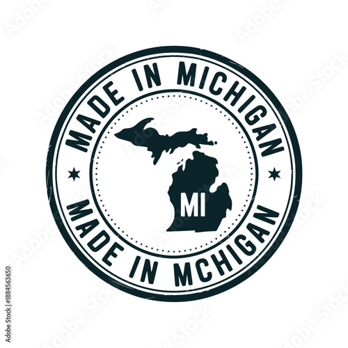 circular logo showcasing made in michigan with the state s silhouette inside