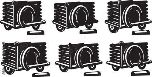 Six black and white illustrations of industrial heat exchangers