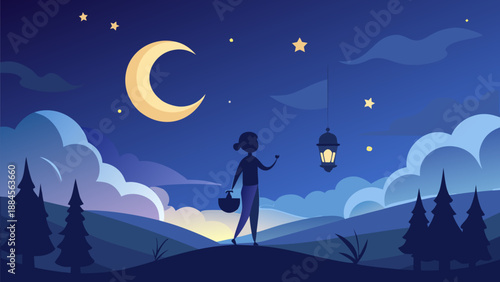 Woman standing on hill with lantern under starry night sky with crescent moon