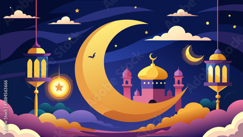 Vibrant illustration of a crescent moon and mosque at night with lanterns