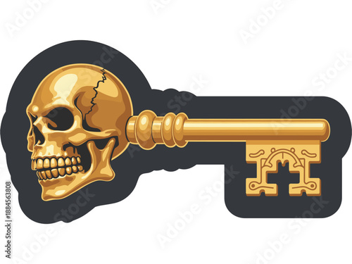 A gold key with a skull on it, symbolizing danger and power, in a vector graphic design
