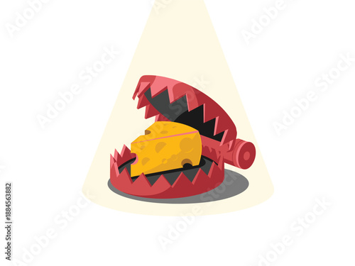 A colorful illustration of a mouse trap with cheese bait, designed as a flat vector graphic