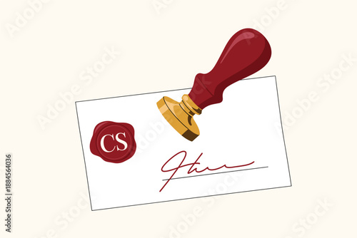 A vector graphic illustration of a red wax seal stamp on a white envelope with a signature