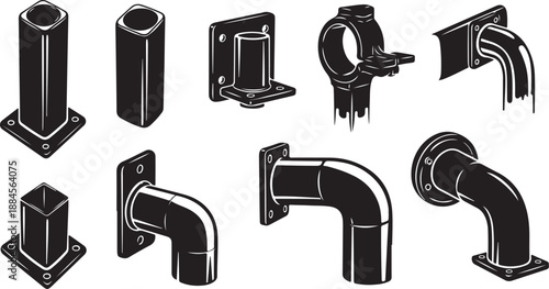 Black and white illustration of various pipe fittings collection