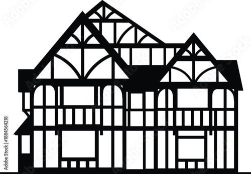 Black and white Tudor style half timbered house silhouette illustration, historic European medieval architecture facade, traditional timber frame building vector design isolated on white background