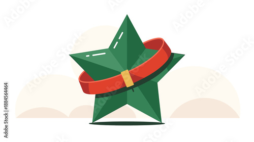 A green star with a red ribbon and gold buckle is depicted in a minimalist vector graphic design