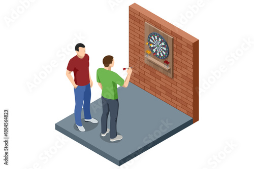 Darts Players. Isometric darts game with two players aiming at dartboard. Indoor leisure and competition concept isolated on white background.