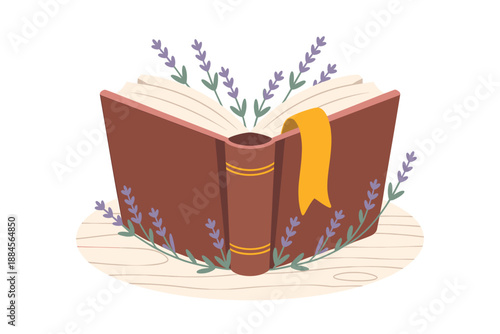 A vector illustration of an open book with lavender flowers and a yellow bookmark on a wooden surface
