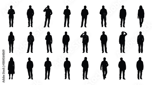 Silhouettes of people in various poses isolated on white background, Vector