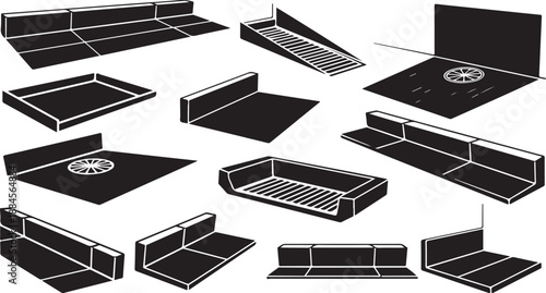 Various black boxes and containers in different orientations