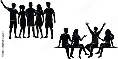 Silhouettes of diverse happy friends standing together and sitting on a bench, social gathering, friendship community, and group interaction concept