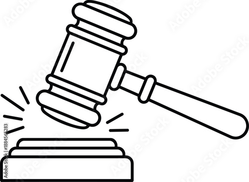 Simple Black Line Art Illustration of a Judge Gavel and Sound Block Isolated on White Background for Law and Justice