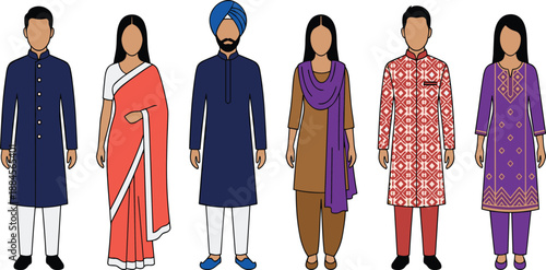 Vector Illustration of Indian People Wearing Traditional Outfits like Saree, Sherwani, Kurta, and Salwar Kameez for Cultural Celebration and Festivals