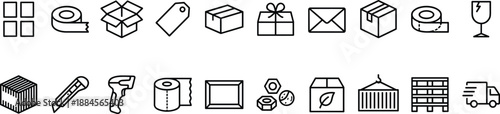 Vector Icon Set of Logistics and Packaging Symbols Including Boxes, Delivery Trucks, and Warehouse Equipment for Business Marketing
