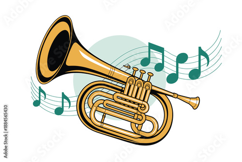 A vector graphic illustration of a trumpet with musical notes on a white background