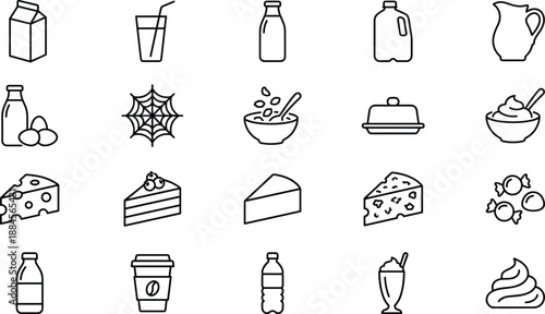 Vector line icons set of dairy products including milk carton, cheese slices, butter, yogurt bowl, cake, coffee, and sweets symbols,