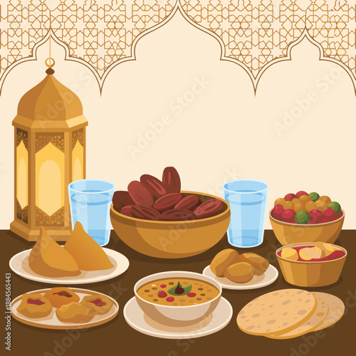 Ramadan iftar table with traditional food, dates, lantern, and sweets