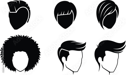 Set of black silhouettes featuring various modern hairstyles including mohawk, afro, bob, and pompadour, isolated on white background, vector illustration hair fashion