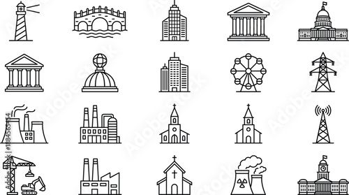 Vector line icons of city landmarks including lighthouse, bridge, skyscraper, government building, factory, construction crane, and ferris wheel.