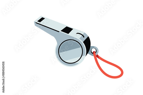 A silver and black whistle with a red lanyard on a white background