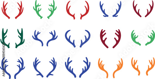 Colorful deer antlers in various colors on white background