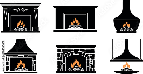 Collection of various fireplace designs and styles with flames burning inside them