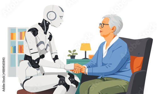 Medical robot sitting and talking with an elderly man in a comfortable living room.