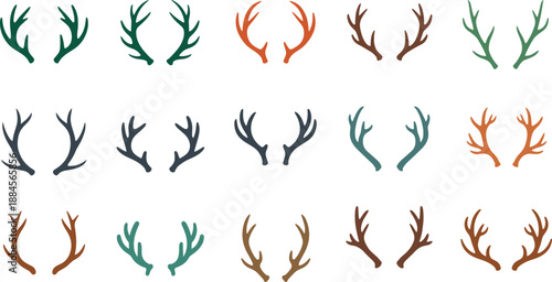 Collection of colorful deer antlers in various styles and hues on white background