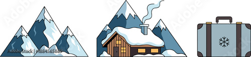 Snowy mountain cabin and suitcase icons on white background