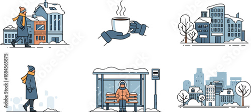 City life illustrations with people in various urban settings and activities daily