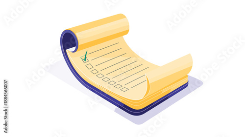 A vector graphic illustration of a checklist on a scroll with a green checkmark