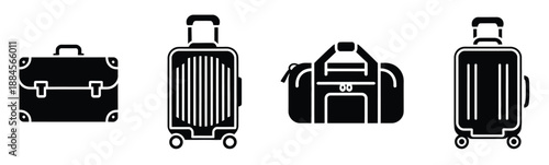 Luggage vector icons set featuring travel bags, suitcases, baggage symbols, perfect for tourism, airport design, travel apps, packing guides, and vector illustration projects.