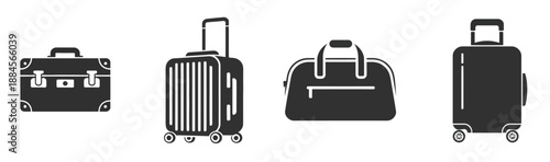 Travel and luggage icon collection in vector style, including suitcases, baggage symbols, travel bags, ideal for tourism apps, flight guides, vacation planning, and professional vector graphics.