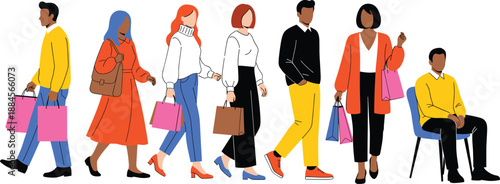 People shopping illustration set showing diverse men and women carrying bags, retail lifestyle, and consumer activity in modern flat vector style