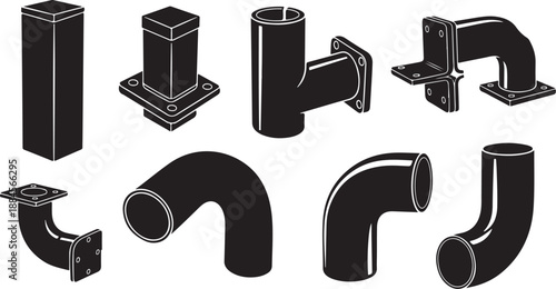 Black and white illustration of various pipe fittings collection