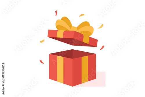 A vibrant red gift box with a yellow ribbon and bow opens up with confetti