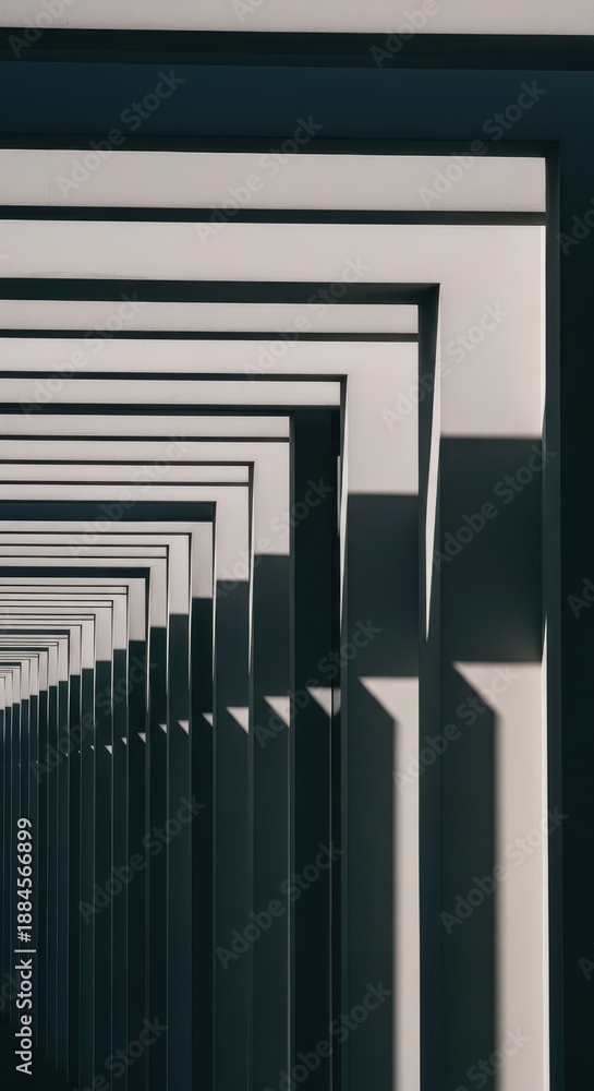 Fototapeta premium Repeating geometric architectural elements create strong linear perspective and dramatic shadows.