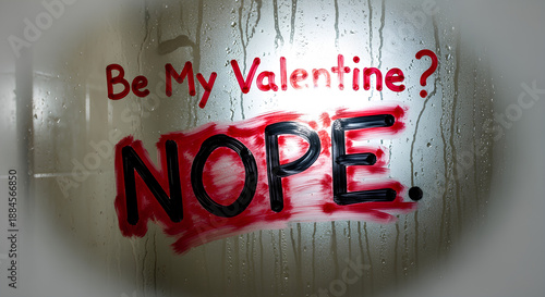 Be my valentine question and big nope answer written on steamy glass surface. Cynical anti valentine day rejection message with red paint texture