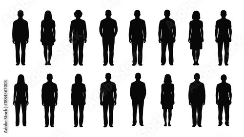 Silhouettes of diverse people standing isolated on white background, Vector