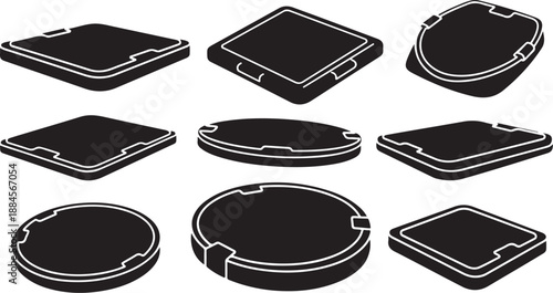 Collection of various black plate shapes and sizes illustration